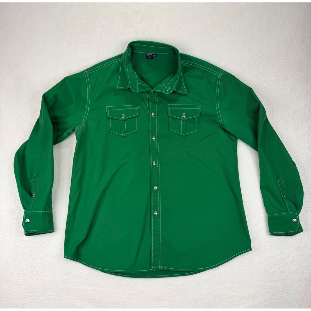 Mens Green Long Sleeve Western Style Shirt XXL Made in USA Contrast Stitch
